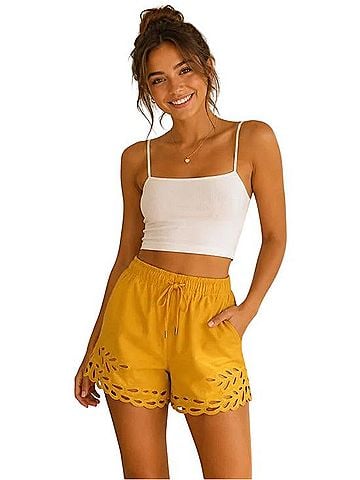 Magaschoni Mustard Scalloped Laser-Cut Shorts Dressy Shorts (view 1)