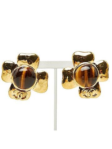 Chanel Chanel Coco Mark Clover Motif Earrings, Gold and Brown Plated, Women's CHANEL (view 2)