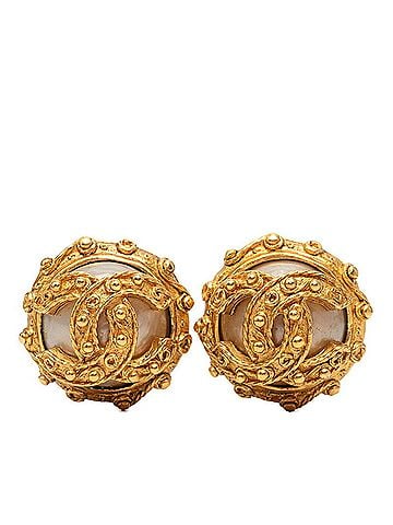Chanel Chanel Coco Mark Vintage Round Earrings, 94P Stamp, Gold Plated, Faux Pearl, Women's CHANEL (view 1)