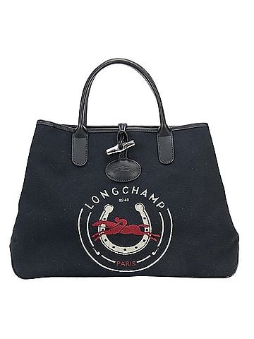 Longchamp Longchamp Roseau Canvas Leather Handbag, Navy, Women's (view 2)