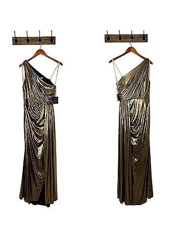 Mac Duggal Metallic Draped One Shoulder Grecian Gown Cocktail Dress (view 2)