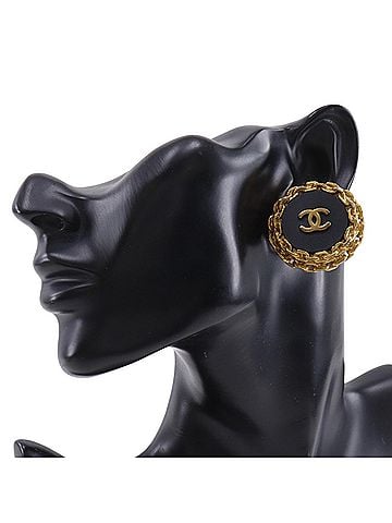 Chanel Chanel Coco Mark Earrings, Vintage, Gold Plated x Plastic, 1993, Black, 93A, Approx. 43.1g, Women's. (view 2)