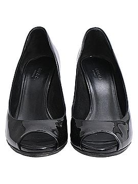 Gucci  Gucci Interlocking G Enamel Peep-Toe Pumps in Black Patent Leather (view 2)