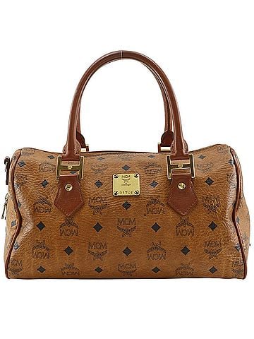 MCM MCM Mini Boston Handbag, Visetos Pattern, PVC, Brown, A5 Size, Zipper Closure, Unisex (view 1)