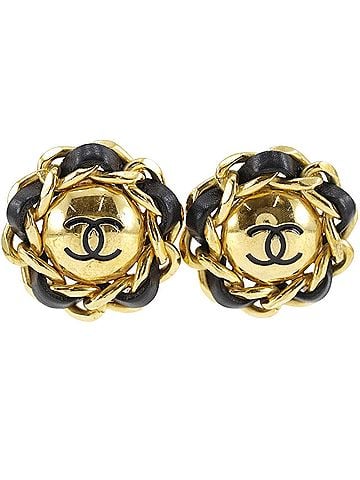 Chanel Chanel Coco Mark Earrings, Vintage, Gold Plated x Leather, 1993, 93A, Approx. 58.2g, Women's. (view 1)