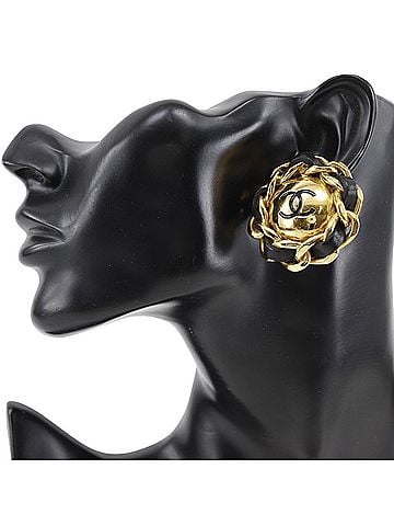 Chanel Chanel Coco Mark Earrings, Vintage, Gold Plated x Leather, 1993, 93A, Approx. 58.2g, Women's. (view 2)
