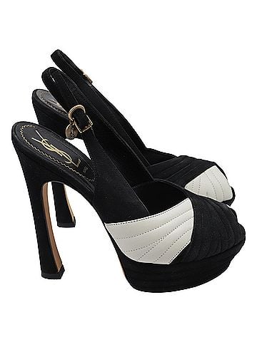 Saint Laurent  Saint Laurent Cross Strap Peep-Toe Platform Pumps in Black Suede (view 1)