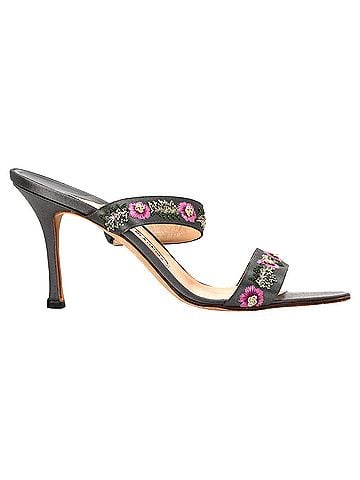 Manolo Blahnik Manolo Blahnik Embroidered Heeled Mules in Black Satin (view 1)