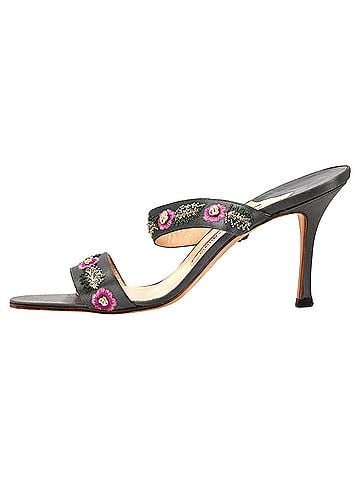 Manolo Blahnik Manolo Blahnik Embroidered Heeled Mules in Black Satin (view 2)