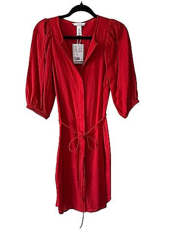H&M Red Mini Dress with Puff Sleeves Casual Dress (view 1)