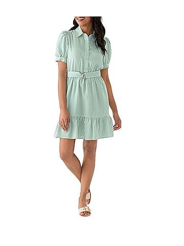 The Limited green stripe puff sleeve shirtdress Casual Dress (view 1)