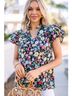 Entro 100% Cotton Floral Black Short Sleeve Blouse Size S - photo 3
