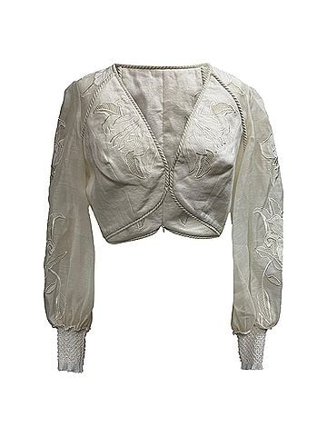 Zimmermann  Zimmermann Embroidered Long Sleeve Cropped Top in White Linen (view 1)