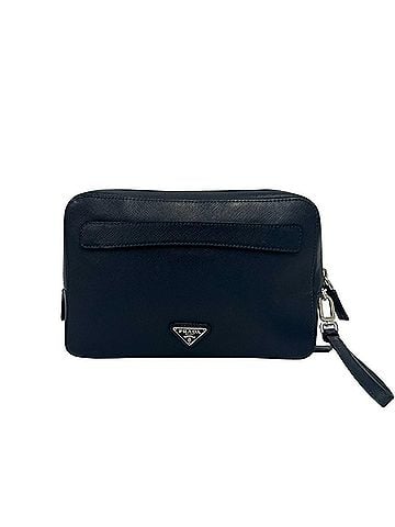 Prada PRADA Saffiano Leather Clutch Bag/Pouch with Triangle Logo, Navy Blue, 07721 (view 1)