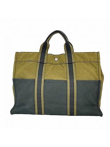 Hermès Hermes Fourre-Tout MM Canvas Tote Bag, Black/Khaki, Women's (view 1)