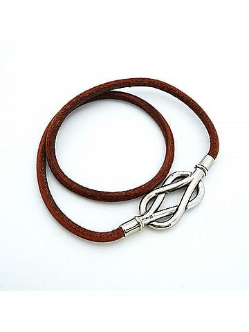 Hermès Hermes Atame Bracelet, Metal and Leather, Silver Brown, Women's (view 2)