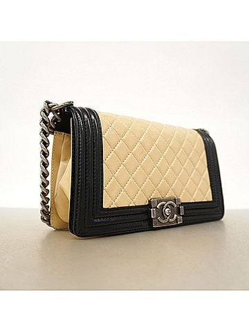 Chanel Chanel Boy Chain Shoulder Bag, Lambskin, Beige/Black, Women's, OP004609 (view 2)