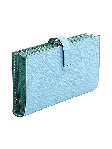 Hermès Hermes Bearn Soufflé Verso Bi-fold Long Wallet, Leather, Veau Epsom, Women's, Blue/Green, Celeste (view 2)