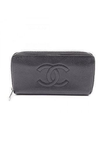 Chanel Chanel Coco Mark Round Long Wallet, Calfskin Leather, Women's, Black (view 1)