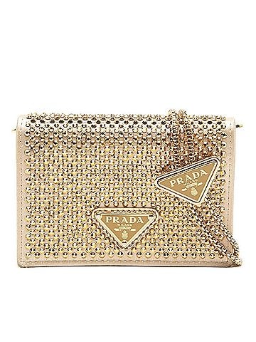 Prada Prada Triangle Logo Plate Mini Chain Shoulder Bag 1MR024 Gold Beige Satin Crystal Leather Women's PRADA (view 1)
