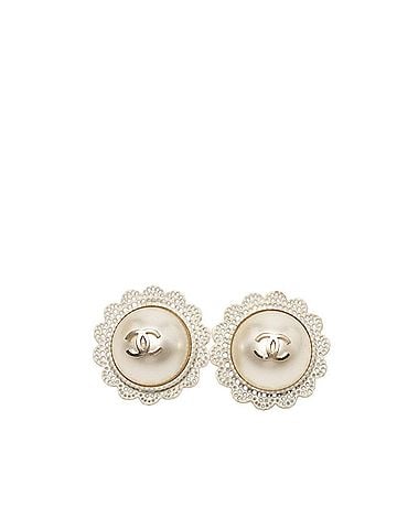 Chanel Chanel Coco Mark Flower Motif Round Stud Earrings, B15K Stamped, White Faux Pearl Plated, Women's CHANEL (view 1)