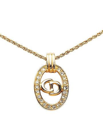 Christian Dior Christian Dior Dior CD Logo Oval Chain Pendant Necklace Gold Plated Rhinestone Women's (view 1)