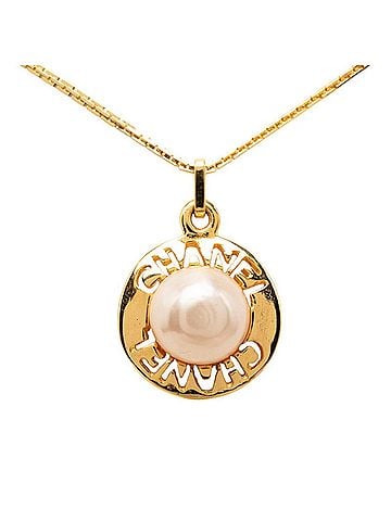 Chanel Chanel Logo Round Pendant Necklace, Gold Plated, Faux Pearl, Women's CHANEL (view 1)