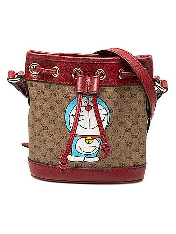Gucci Gucci x Doraemon Mini GG Supreme Bucket Bag Shoulder 647801 Brown Red Leather Women's GUCCI (view 1)