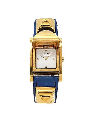 Hermès Hermes Medor Women's Watch, Pyramid Design, Gold Studs, White and Blue Leather Strap, Quartz Movement. (view 1)