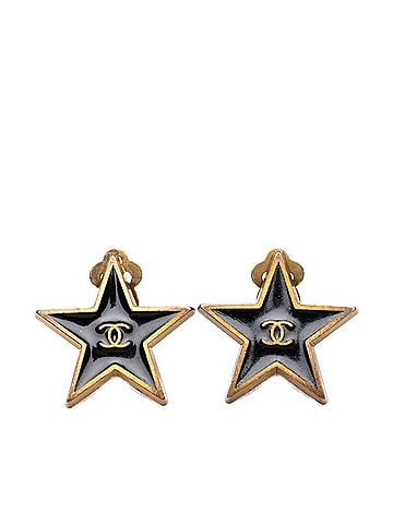 Chanel Chanel Coco Mark Star Motif Earrings, 01P Engraving, Black Gold Plated, Women's CHANEL (view 1)