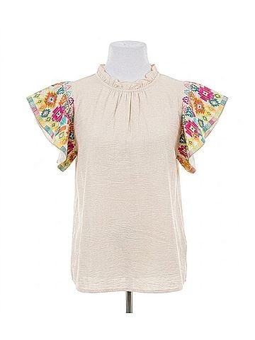 THML Embroidered Ruffle Sleeves Top in Off-White Multi (view 1)