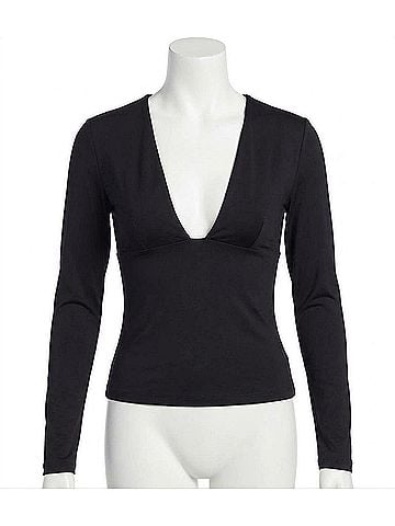 Susana Monaco Long Sleeve Deep V-Neck Fitted Top in Black (view 1)