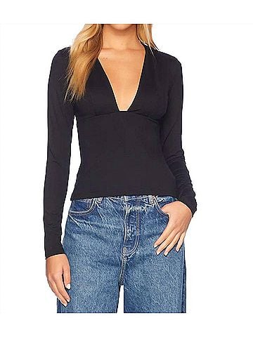 Susana Monaco Long Sleeve Deep V-Neck Fitted Top in Black (view 2)