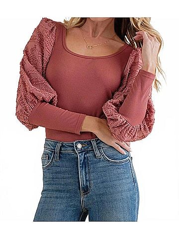 AndTheWhy Miley Textured Puff Sleeve Bodysuit in Red (view 2)