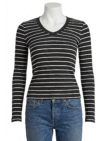 perfectwhitetee Robyn Luxe Rib U Neck Long Sleeve Tee in Black/Sugar Stripe (view 1)