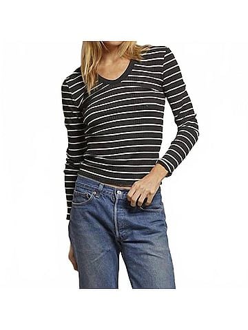 perfectwhitetee Robyn Luxe Rib U Neck Long Sleeve Tee in Black/Sugar Stripe (view 2)