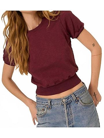 Project Social T Women's Stay Awhile Short Sleeve Sweatshirt in Merry Merlot (view 2)