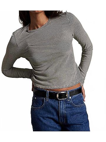 perfectwhitetee Jamie Long Sleeve Shirt in Ivory/Black Stripe (view 2)
