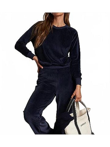 perfectwhitetee Stella Velour Crewneck Sweatshirt in Navy (view 2)