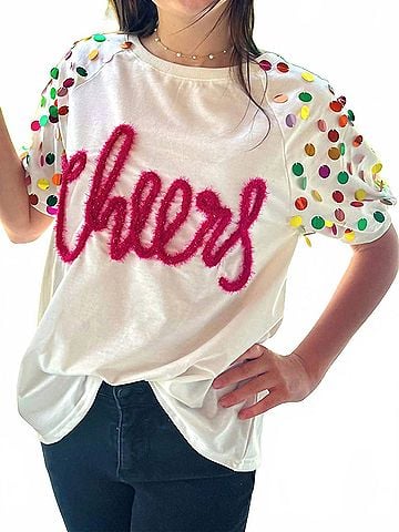 Bibi Cheers Metallic Letter Puff Sleeve Top in Pink Multi (view 2)