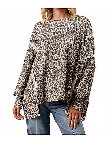 Bibi Oversized Waffle Thermal Sweatshirt in Leopard (view 2)