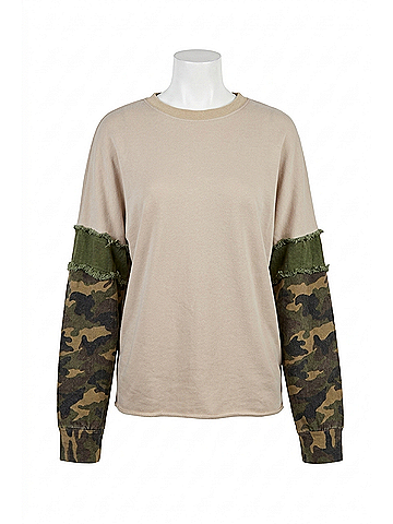 Bibi French Terry Camo Sleeve Frayed Edge Top in Taupe Camo (view 1)