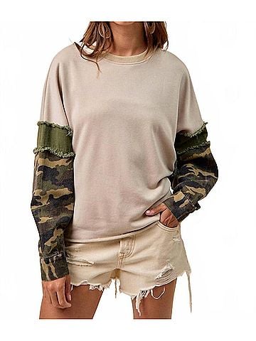 Bibi French Terry Camo Sleeve Frayed Edge Top in Taupe Camo (view 2)