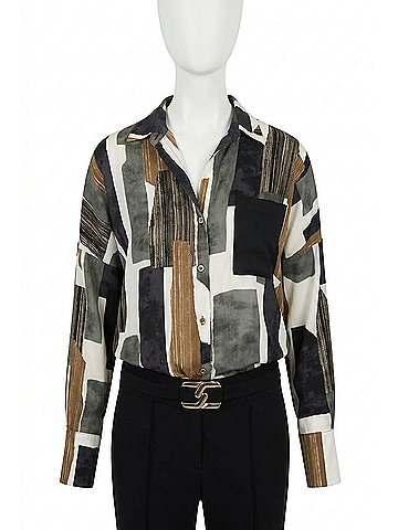 Joseph Ribkoff Patch Print Blouse in Beige Black (view 1)