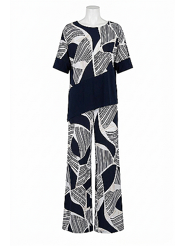 Joseph Ribkoff Silky Knit Geometric Print Asymmetrical Cocoon Top in Vanilla/Black (view 1)
