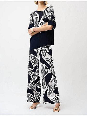 Joseph Ribkoff Silky Knit Geometric Print Asymmetrical Cocoon Top in Vanilla/Black (view 2)