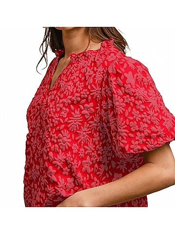 Bibi Floral Balloon Sleeve Top in Red (view 2)