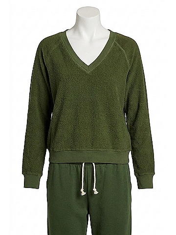 perfectwhitetee Zuri Reverse Fleece V-Neck Sweatshirt in Fern Green (view 1)