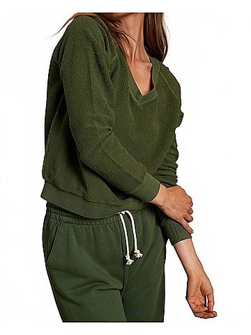 perfectwhitetee Zuri Reverse Fleece V-Neck Sweatshirt in Fern Green (view 2)
