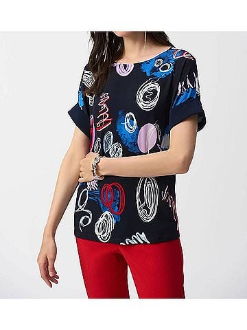 Joseph Ribkoff Doodle Print Boxy Top in Midnight Blue/Multi (view 2)